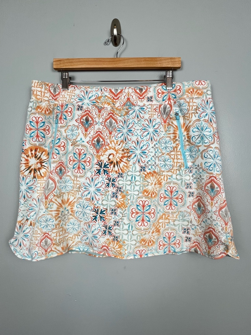 T by Talbots orange & aqua print cotton spandex knit pullon skort, 2X.